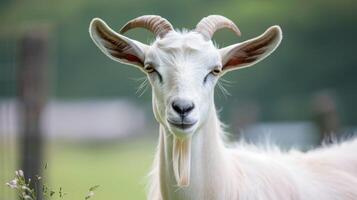 de cerca retrato de un blanco cabra con cuernos en naturaleza en un granja mostrando tranquilidad y serenidad foto