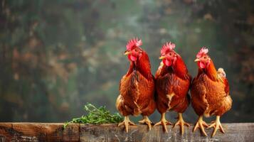 Three vibrant chickens perching on wooden planks at a rustic farm setting photo