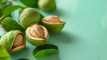 Paradise nut fruit with tropical cut open seeds on a fresh green background photo