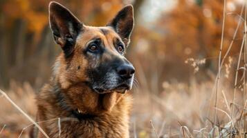 German Shepherd dog portrait in autumn with nature bokeh background photo