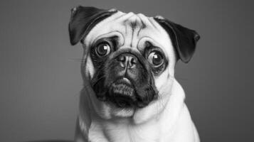 Pug dog pet portrait in black-and-white showcasing close-up expressive features photo