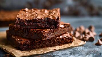 Stack of chocolate brownie slices baked with sweet gourmet indulgence in focus photo