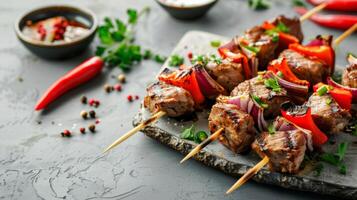 Appetizing grilled meat skewers with vegetables and spices on slate background photo