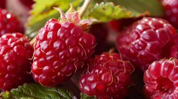 Close-up of ripe red mulberries, fresh and juicy with sweet organic appeal photo