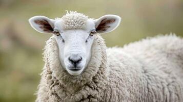 Serene sheep portrait in nature with woolly fleece and calm gaze photo