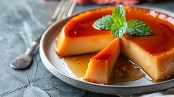A closeup view of a caramel flan dessert on a plate with sweet syrup and mint garnish photo