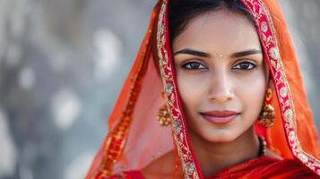 retrato de un hermosa indio mujer en un tradicional rojo sari con elegante joyería foto