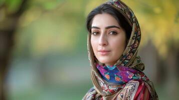 Iranian woman in traditional headscarf exudes beauty, elegance, and cultural depth photo