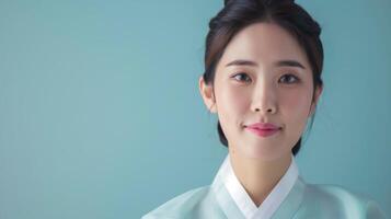 retrato de un coreano mujer en tradicional hanbok con un elegante sonrisa expresando confianza foto