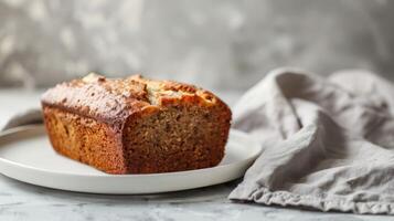 Homemade banana bread on a plate with a sweet baking dessert appeal photo