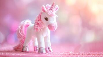 rosado mullido unicornio juguete con Brillantina y bokeh efecto en un mágico infancia fantasía preparar foto