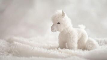 Plush horse toy with fluffy white mane in a soft nursery setting photo