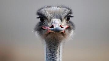 de cerca avestruz retrato con detallado plumas, pico, y intenso ojos foto