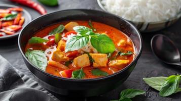 Spicy chicken curry served with rice, basil, and tomato in a black bowl photo