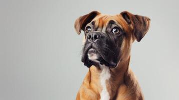 Boxer dog portrait showing a pet with brown fur and an attentive expression photo