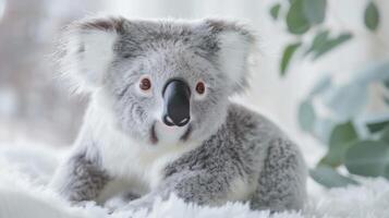 Close-up of a cute fluffy plush koala toy with gray fur and eucalyptus leaves photo