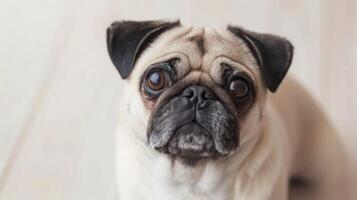 Closeup view of a cute Pug dog with expressive eyes and a wrinkled face sitting indoors photo