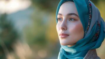 sereno turco mujer en tradicional bordado hijab retrato foto
