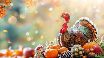 Turkey centerpiece with autumn leaves and pumpkins celebrates Thanksgiving harvest photo