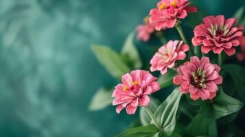 Vibrant pink Zinnia flowers in bloom with delicate petals and a stunning nature backdrop photo