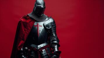 teutónico Caballero en rojo capa y armadura soportes como un cruzado símbolo de medieval historia foto