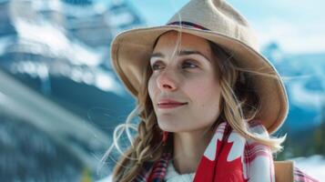 Woman in a hat and scarf with a smile enjoys a winter mountain adventure outdoors photo