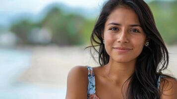 Portrait of a smiling Venezuelan woman on a tropical beach with a natural and serene beauty photo