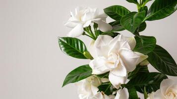 blanco gardenia floración con verde hojas presentando botánico naturaleza y floral elegancia foto