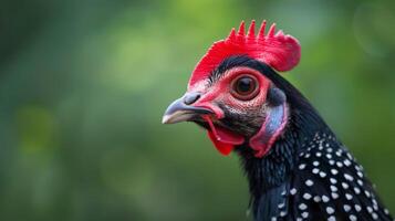 de cerca retrato de un Guinea ave con vibrante rojo cresta y moteado plumas en naturaleza foto