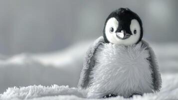 Adorable fluffy penguin toy in black and white with soft texture and playful charm photo