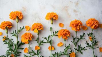 Orange marigold flowers with vibrant petals and green stems in a natural blossom arrangement photo