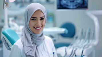 hembra dentista con hijab en un profesional dental clínica ajuste muestra un confidente sonrisa foto