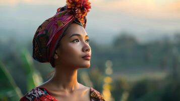 Indonesia mujer en tradicional Pañuelo y cultura atuendo poses con belleza y serenidad al aire libre a puesta de sol foto