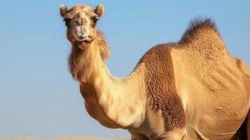 Close-up portrait of a serene camel in the desert with wildlife, mammal, hump, dromedary, and sand features photo