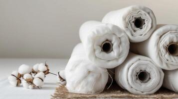 Stacked cotton fabric rolls with white textile material on burlap crafts surface photo