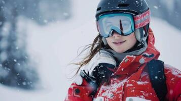 Female snowboarder in winter sport gear enjoys snowfall on mountain slope photo