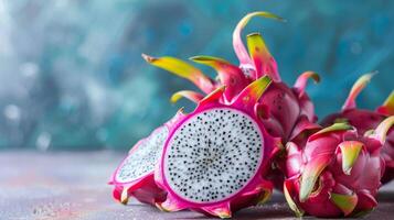 Exotic halved Dragonfruit showcasing vibrant pink flesh and nutritious seeds for a tropical feel photo