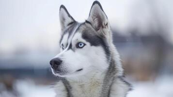 Siberian Husky portrait with captivating eyes and thick fur in a snowy winter setting photo