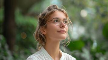 Contemplative woman in glasses surrounded by nature in Belgium with serene elegance photo