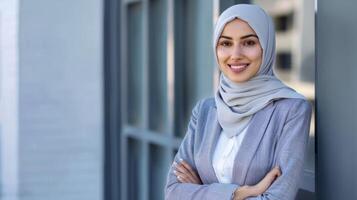 confidente usando hijab profesional mujer retrata un empoderamiento imagen de un moderno urbano corredor de bienes raíces foto