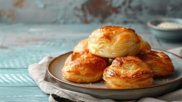 dorado caramelizado kouign-amann francés Pastelería en un rústico de madera mesa foto