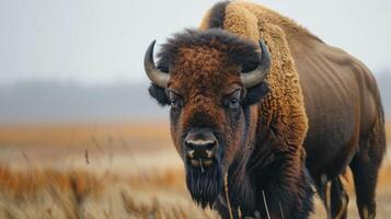 bisonte retrato en fauna silvestre habitat con pelo, cuernos, y bovino caracteristicas en atención foto