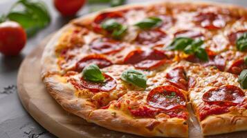 Delicious pepperoni pizza with cheese and basil on a wooden board showcases Italian cuisine photo