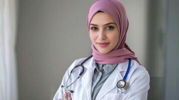 sonriente hembra veterinario en hijab con estetoscopio muestra cuidado de la salud profesionalismo y confianza foto