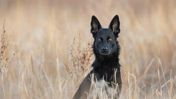 Black Kelpie dog with intense eyes and ears alert in a golden nature field photo