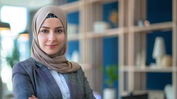 retrato de un profesional mujer en hijab como un confidente y diverso real inmuebles agente en un oficina ajuste foto