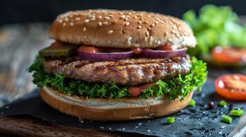 Delicious burger with lettuce, tomato, onion and sesame bun on a wooden table photo