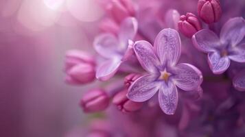 de cerca de lila floraciones en naturaleza presentando púrpura pétalos y primavera floral elementos con un borroso antecedentes foto