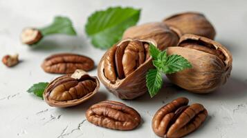 Pecans on a table with open shells and whole nuts showcasing their texture and freshness photo