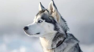 Siberian Husky with blue eyes and fluffy fur in a snowy winter profile view photo